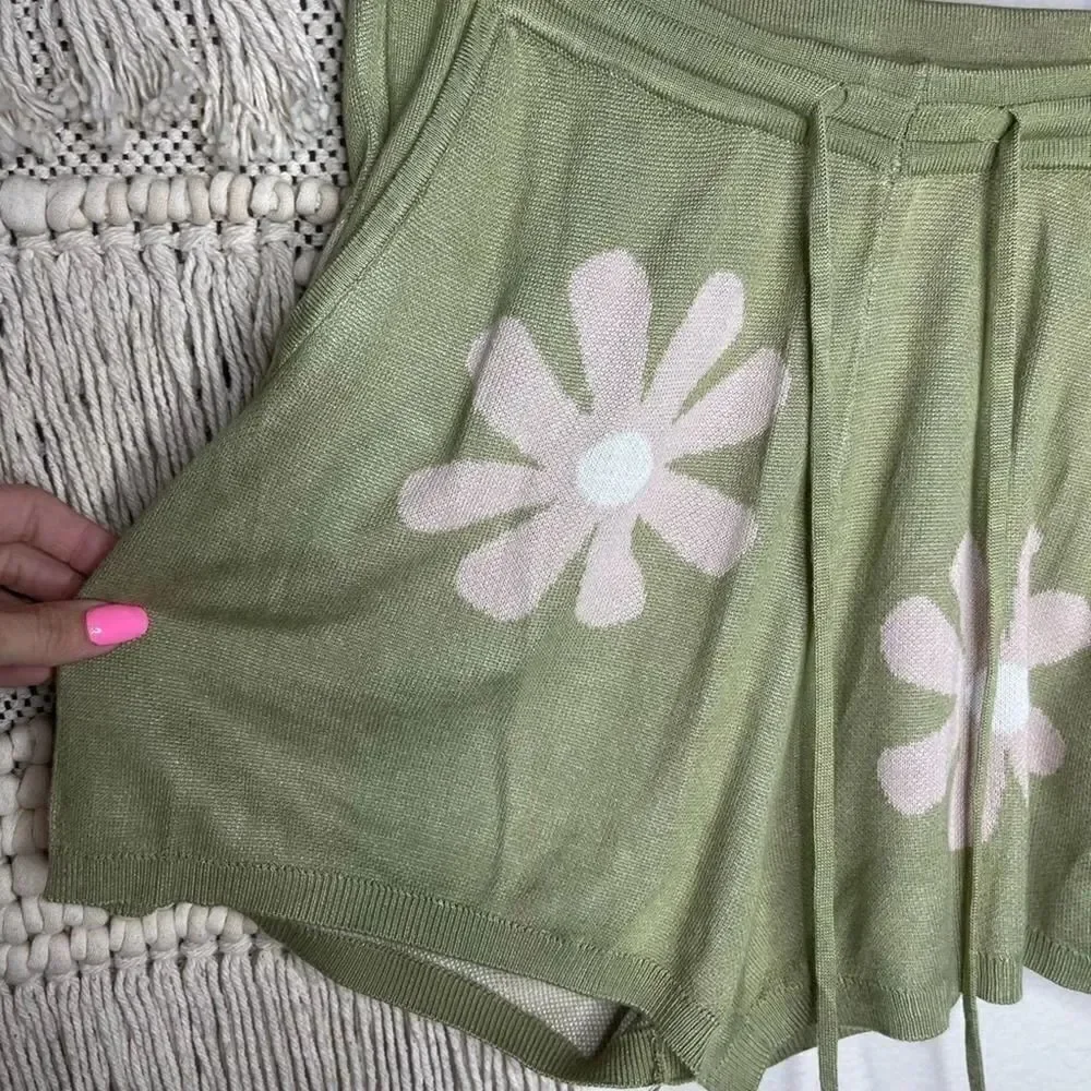Ekouaer Green Knit Flower Print Shorts